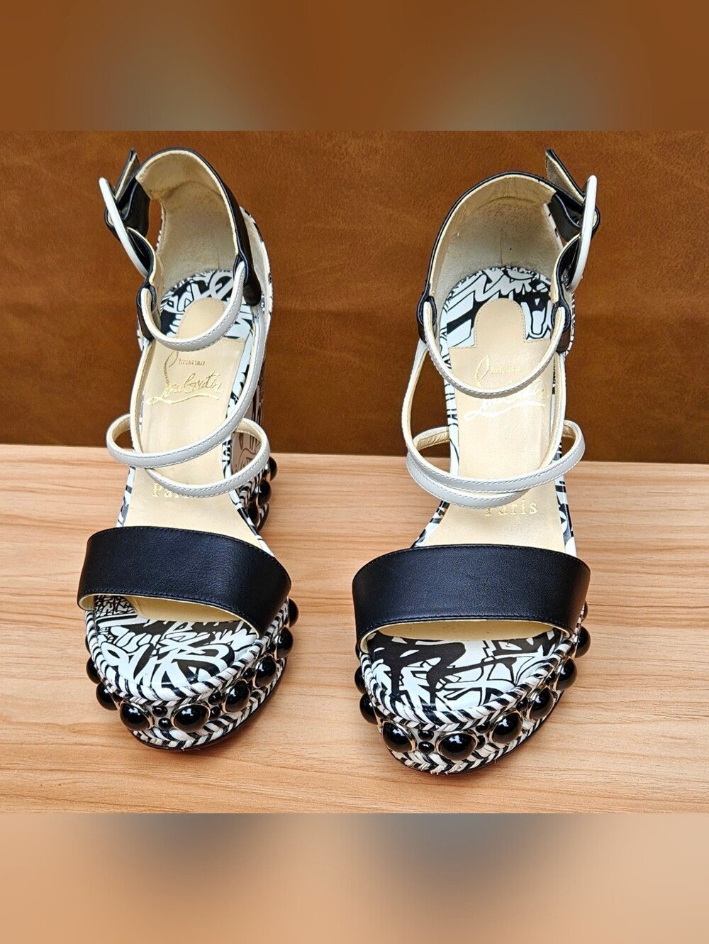 Christian Louboutin Black & White Graffiti Wedge Buckle Sandals Size 5 US - Picture 6 of 16
